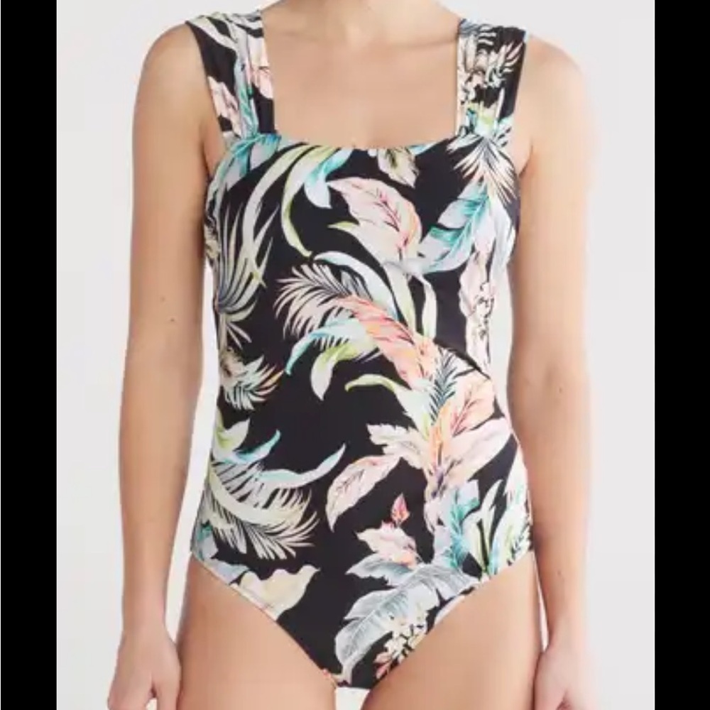 $2/30 Jantzen Surplice Moi One-Piece Swimsuit - Women sz 14 Black Tropical Print